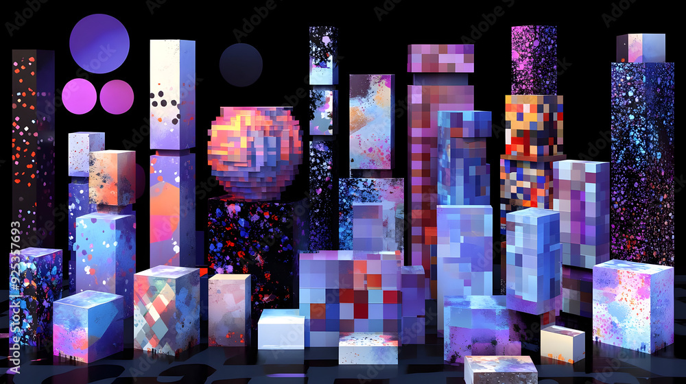Poster a vibrant abstract composition featuring colorful geometric shapes and pixelated textures.