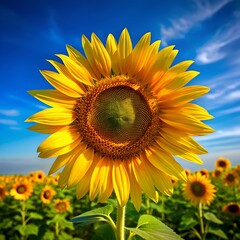 Obraz premium A close-up of a blooming sunflower under a bright blue sky
