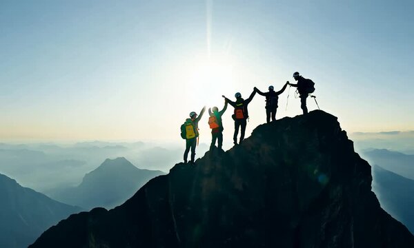 teamwork lifestyle help business travel silhouette concept. group of tourists lends a helping hand climb the cliffs mountains. people climbers climb to the top overcoming hardships the path to victory