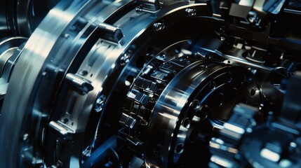 Close-up of an intricately designed gear mechanism, focusing on the interplay of metal components in a high-tech industrial setting.