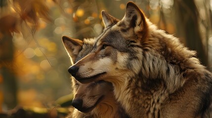 Obraz premium A couple of wolves hugging in the forest close up shot in the sunlight