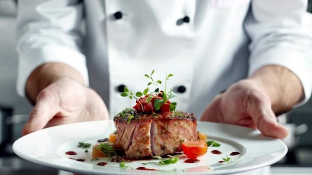 Expert master chef presenting a beautifully plated tuna steak, symbolizing culinary excellence and fine dining sophistication.