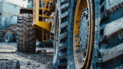 Fototapeta premium Close-up of large industrial tires, covered in mud and dust, highlighting their robust design and heavy-duty use.
