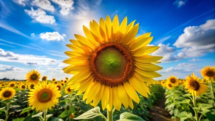A close-up of a blooming sunflower under a bright blue sky