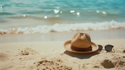 A straw hat and sunglasses rest on sandy beach in the sunlight, evoking the essence of a relaxing summer day by the ocean.