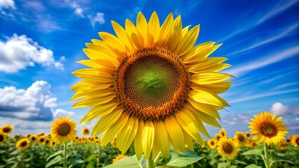 A close-up of a blooming sunflower under a bright blue sky