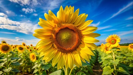 A close-up of a blooming sunflower under a bright blue sky