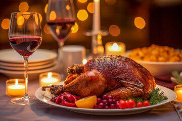 Festlich gedeckter Tisch mit einer gebratenen Gans, Weihnachtsgans, Generative AI