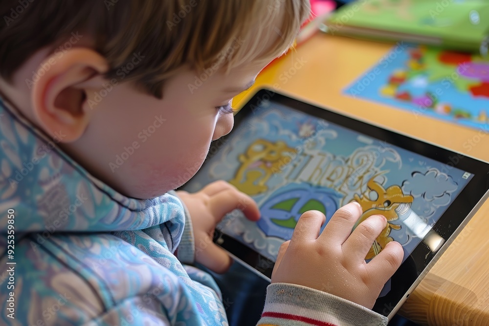 Poster child engaging with interactive reading comprehension app on tablet for learning