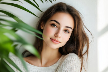 Naklejka premium A young woman with natural makeup smiles softly, framed by green plants, exuding freshness and beauty against a light background.