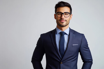 Fototapeta premium Portrait of a confident businessman wearing a navy suit and glasses, standing against a light grey background. Perfect for corporate and professional themes.
