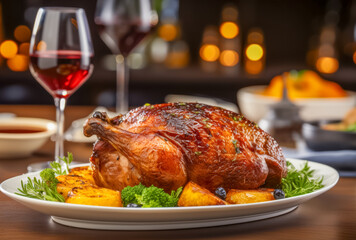 Festlich gedeckter Tisch mit einer gebratenen Gans, Weihnachtsgans, Generative AI