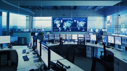 A state-of-the-art control room with multiple screens displaying maps and data across the walls, emphasizing modern technology and real-time monitoring.
