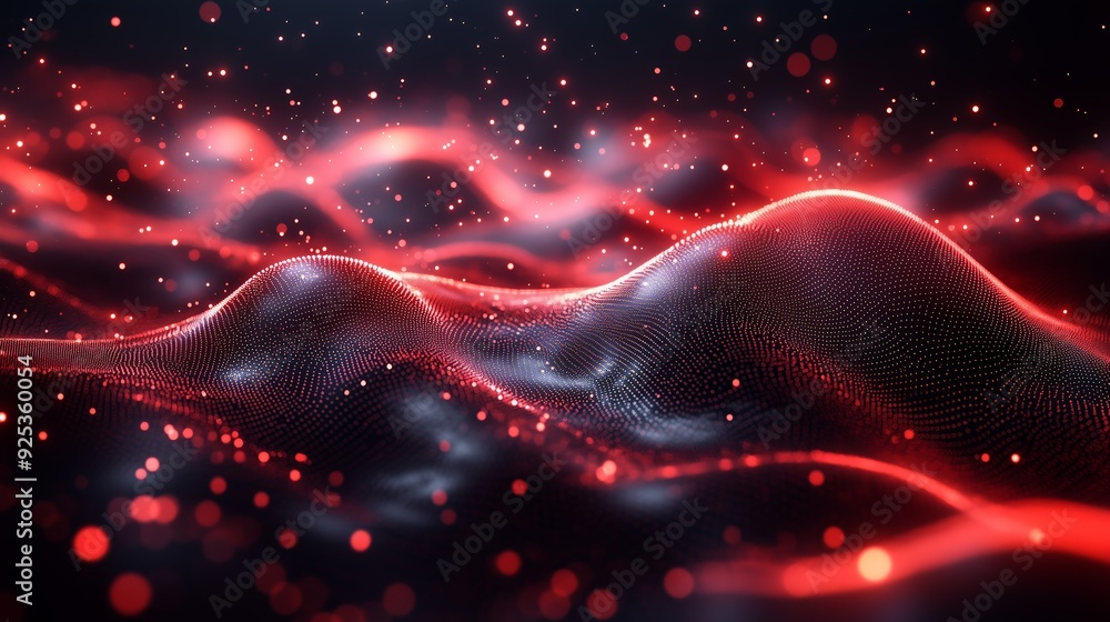 Poster abstract red wave patterns with glowing particles in a digital landscape