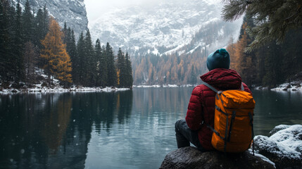A hiker in a red jacket and blue hat with a yellow backpack sits on a rock by a tranquil lake surrounded by snowy mountains and evergreen trees