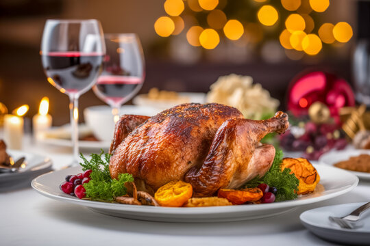 Festlich gedeckter Tisch mit einer gebratenen Gans, Weihnachtsgans, Generative AI