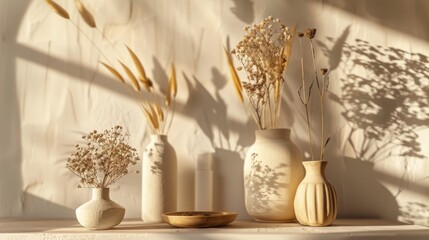 A rustic arrangement of vases with dried plants on a sunlit ledge, casting long, dramatic shadows, evoking a sense of warmth and natural beauty.