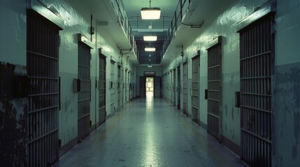 Obraz premium A dimly lit, desolate prison corridor with closed metal cell doors on each side, leading to a distant exit bathed in soft light, evokes a sense of confinement.