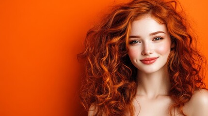 Fototapeta premium Red-haired woman with wavy hair on orange background. Portrait of a smiling red-haired woman with wavy hair on a vibrant orange background. Perfect for autumn and nature projects.