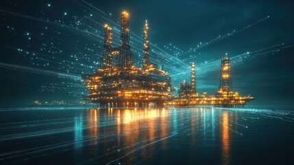 Illuminated Oil Rig in the Digital Sea