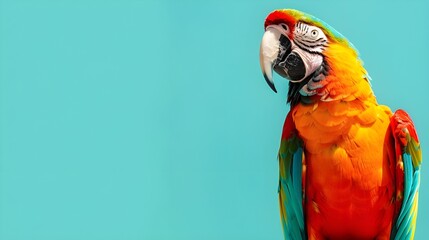 A beautiful l macaw sitting and watching something from his one eye at a sky blue colored background