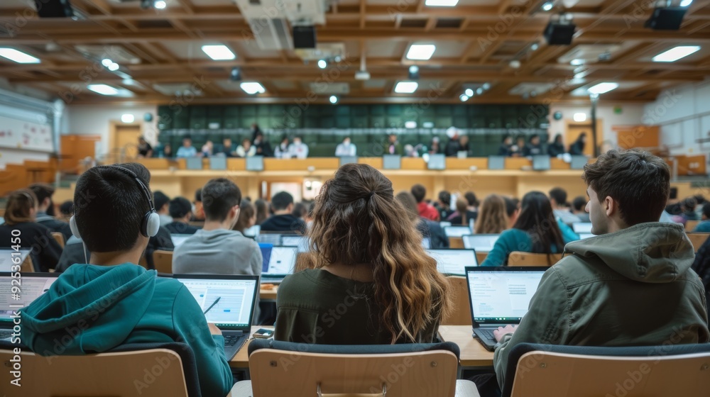 Poster modern education: university lecture hall with students using laptops and tablets for note-taking