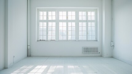 Fototapeta premium Bright, sunlit room with large windows, highlighting the clarity and expansiveness of the white-painted space, evoking a sense of tranquility and openness.