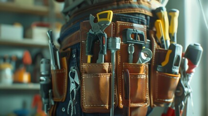 A waist-level view of a tool belt laden with various tools, ready for a day's work, embodying preparedness and craftsmanship.