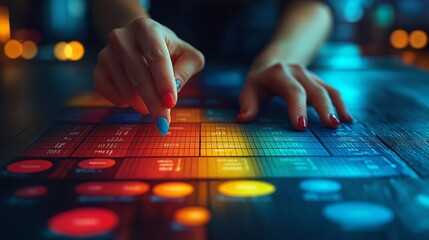 Close-Up of a Hand Interacting with a High-Tech Digital Interface, Highlighting the Interaction with Data Visualization and Modern Technology in a Dark Ambient Setting