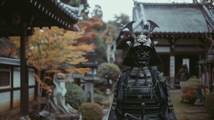 A traditional Japanese garden with lush autumn foliage, featuring a stern samurai in full armor, standing poised amidst ancient temple structures.
