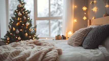 A warm, cozy bedroom decorated for Christmas, featuring a beautifully lit Christmas tree and soft blankets, perfect for the holiday season.