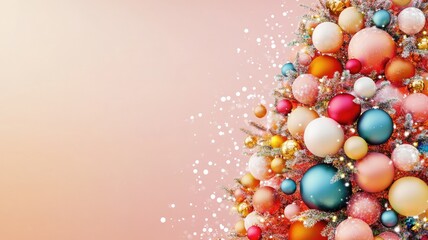 Vibrant Christmas tree adorned with colorful baubles, set against a soft pastel background with sparkling accents.