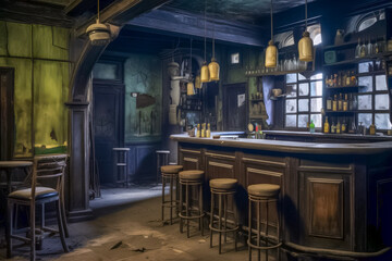 Gespenstischer Lost Place, verlassene Bar, Generative AI