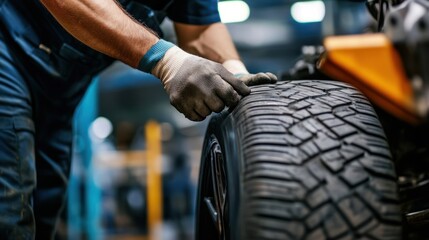 Mechanic inspecting tire