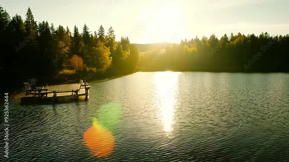 Poster sunset over tranquil lake with dock and lush forest backdrop generative ai