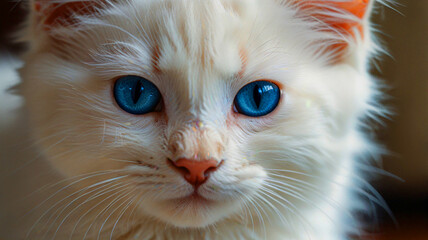 An adorable fluffy white kitten with bright blue eyes