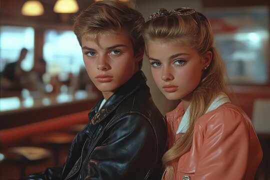 retro diner scene with rebellious teens in iconic 1950s fashion leather jackets poodle skirts and slickedback hair embodying the birth of rock and roll culture