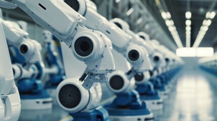 Fototapeta premium A factory assembly line featuring precise, coordinated robotic arms, highlighting advanced technology in an industrial setting.