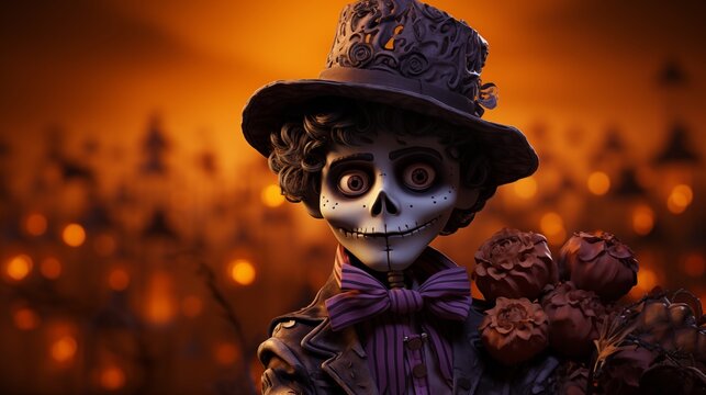 halloween character skelleton boy with jack-o'-lantern isolated on purple background.