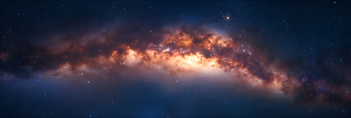 Naklejka premium A stunning view of a glowing galaxy filled with stars and cosmic dust against a dark expanse of space