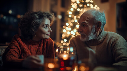 Elderly couple celebrating Christmas against a warm-lit, decorated Christmas tree background.