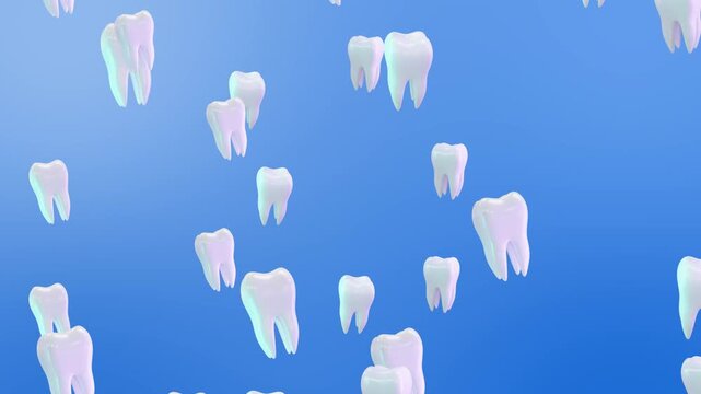 Loop teeth animation. 3D tooth pattern blue background. 3D animation of glossy teeth floating against a blue background. 4K