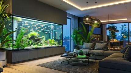 Modern living room with a large, vibrant aquarium, bringing tranquility and a touch of nature into the stylish interior.