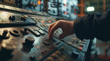 A close-up of a hand skillfully adjusting dials on a complex control panel, illustrating precision and technical expertise.