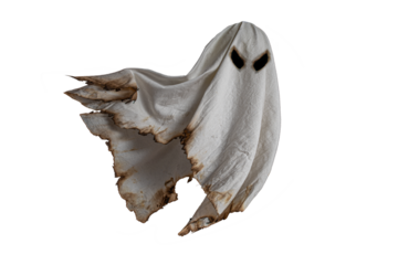Floating scary white fabric ghosts for Halloween parties to celebrate the night holiday. Creepy ghost character. Can be used in screen mode for a transparent effect.