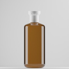 A amber glass bottle with a white flip-top cap stands against a clean, minimalist gray background. Ideal for showcasing natural or organic cosmetics, essential oils, or premium beauty products.