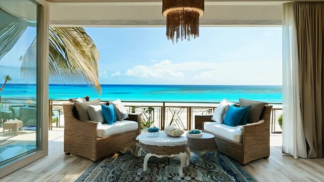 Cozy Living Room With Ocean View in Summer Beach House Generative AI