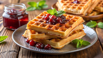 Belgian waffles with jam.