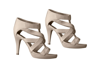 Beige strappy heeled sandals for ladies. Classic women's shoes.