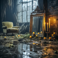 Gespenstischer Lost Place, Innenr&auml;ume mit alten M&ouml;beln in einer verlassenen Villa, Generative AI